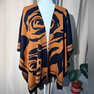 Ming Wang Abstract Rose Print Knit Poncho Wrap Shawl Bronze & Black - OS - NWT